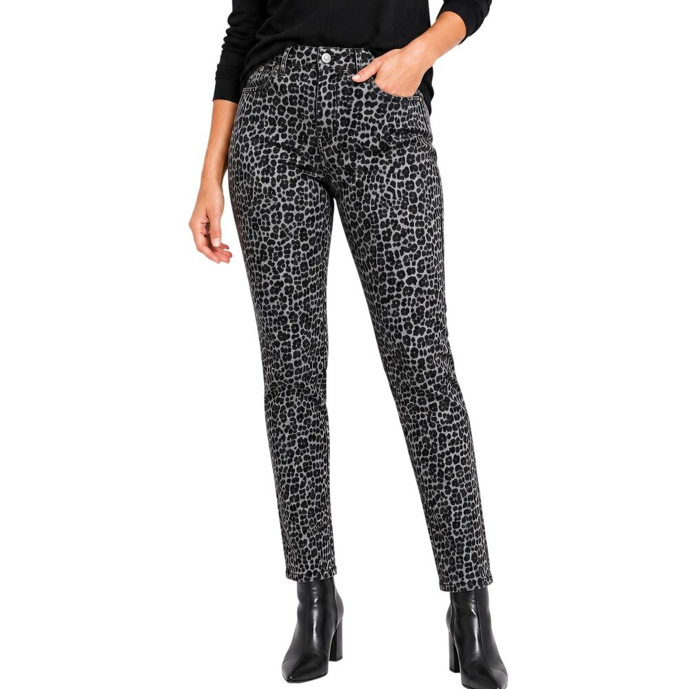 CAbi Straight Leg Jeans 6 Gray Black Leopard Print Ankle Stretch Moto